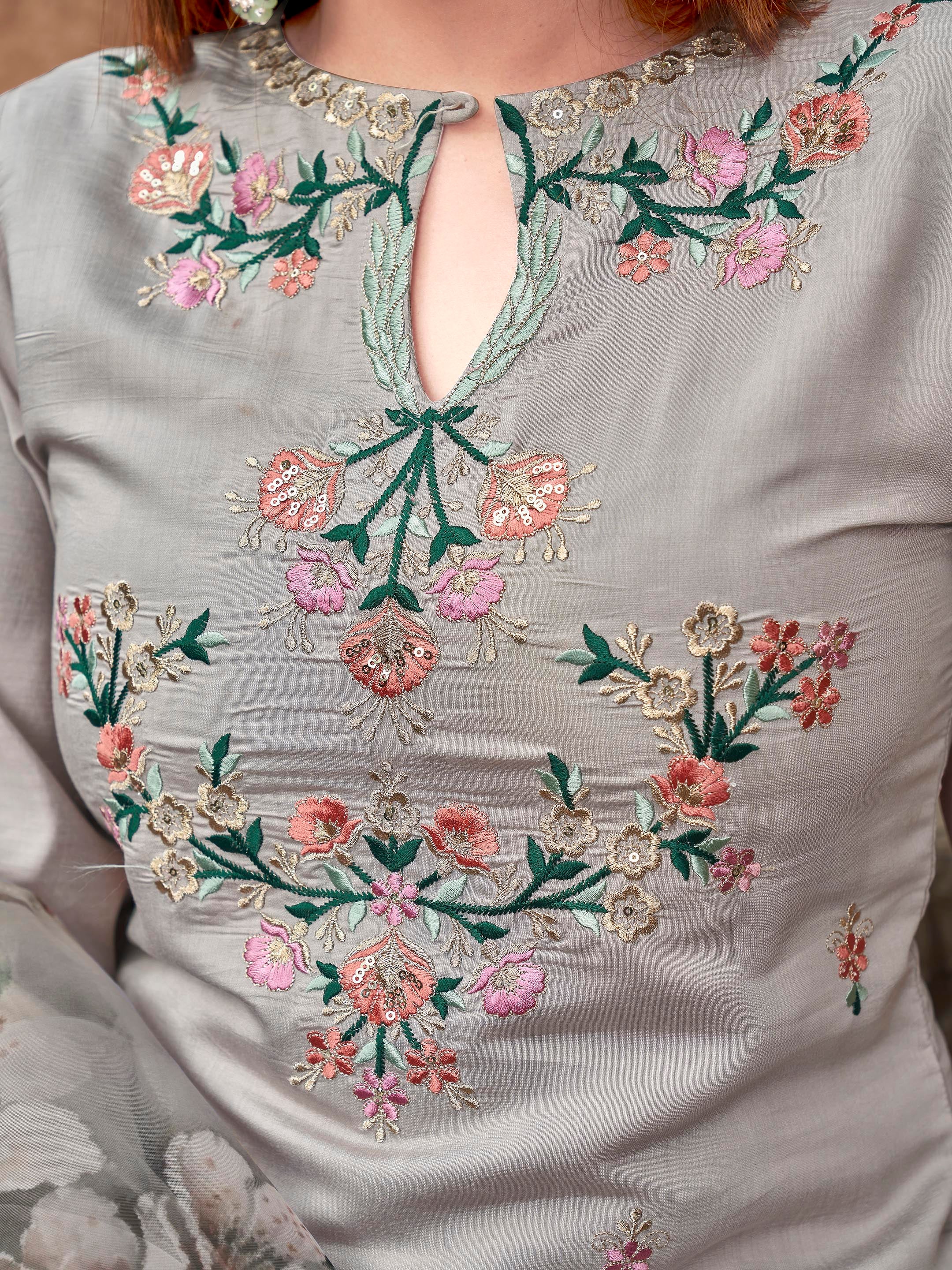 Silver Silk Blend Printed Dupatta & Multi Embroidered Kurta With Pleated Pant Set